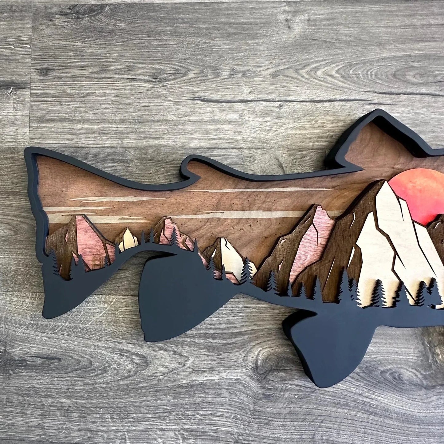 Wood Trout Sunset Mountain Scene