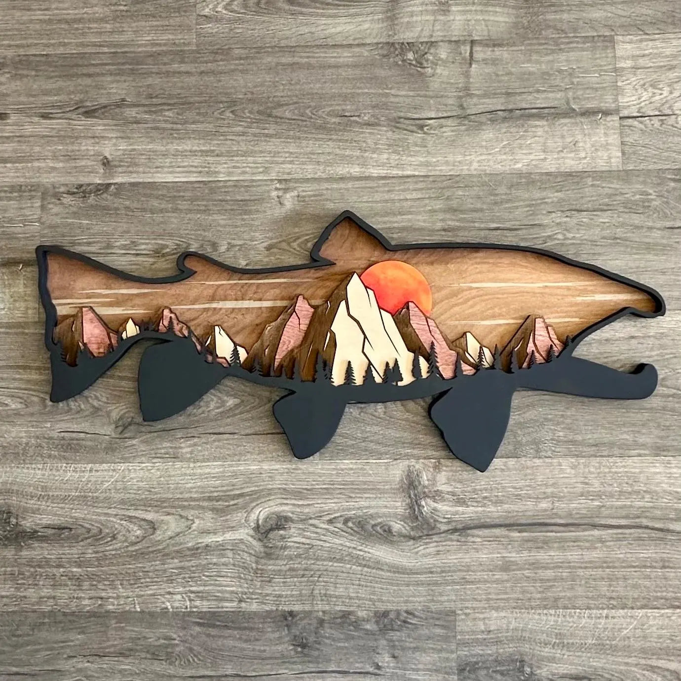 Wood Trout Sunset Mountain Scene