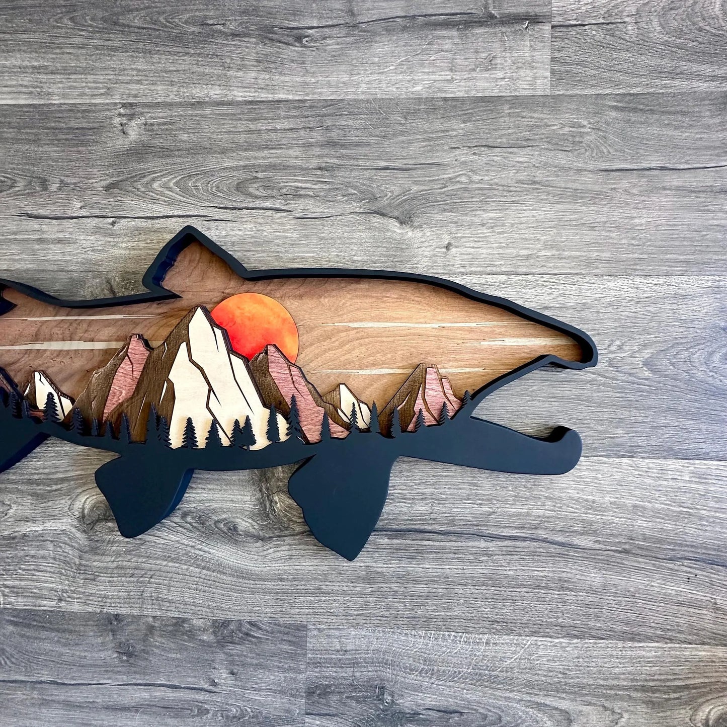Wood Trout Sunset Mountain Scene