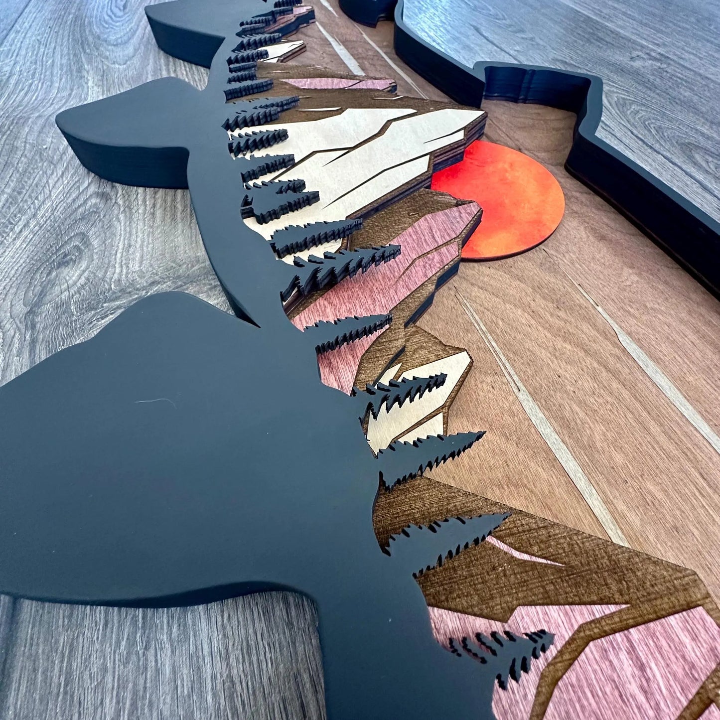 Wood Trout Sunset Mountain Scene
