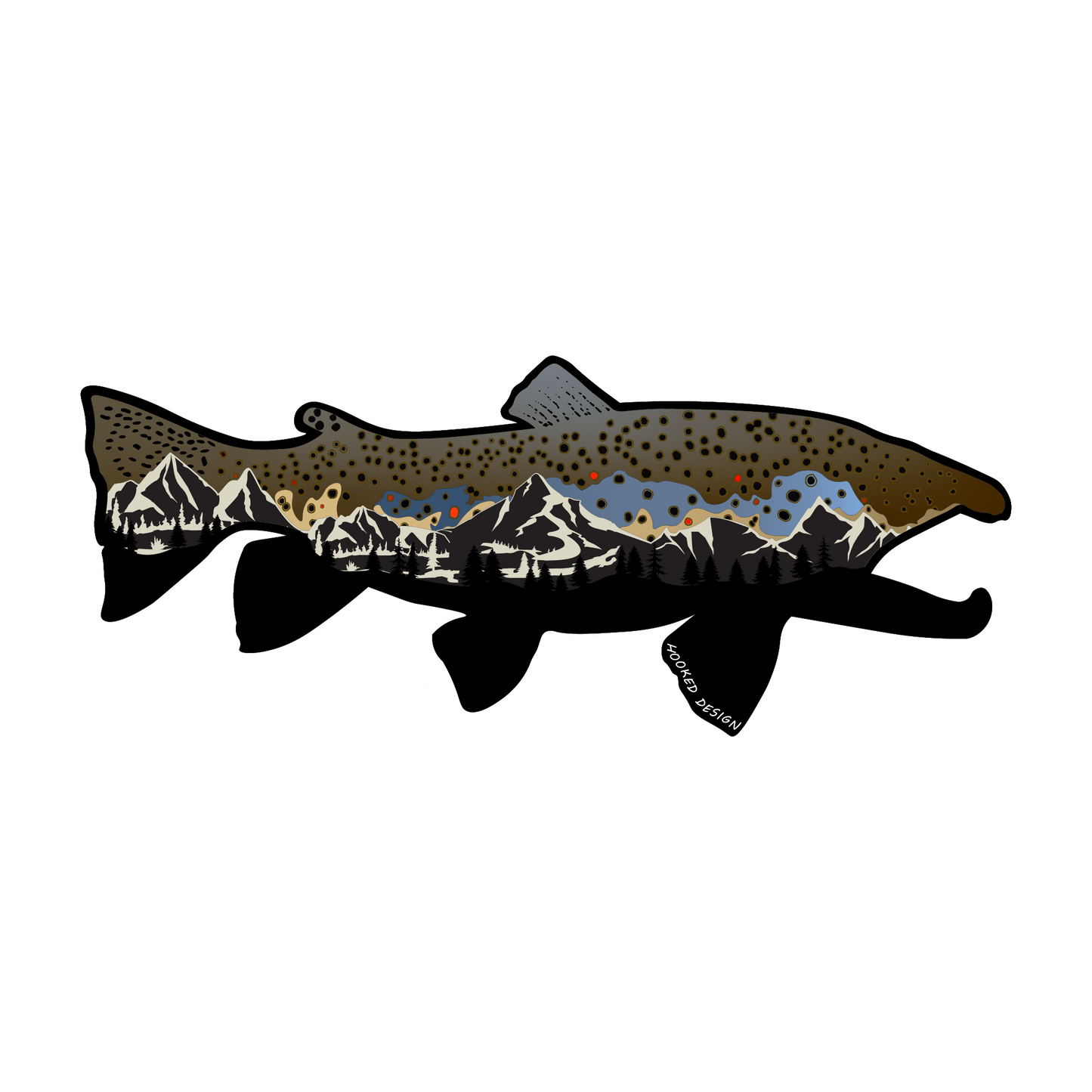 Brown Trout 2.0 sticker modeled after our wood art! Features the beautiful features of the brown trout along with mountain and pine tree accents.