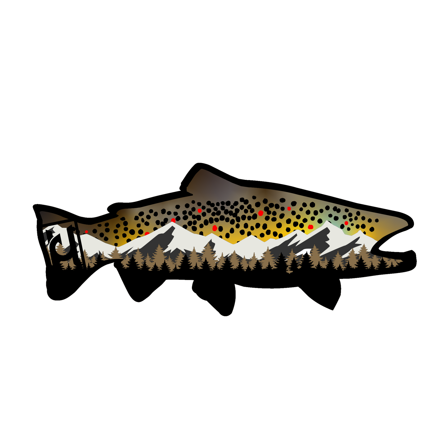 Brown Trout sticker modeled after our wood art! Includes the beautiful features of the brown trout along with mountain and pine tree accents.