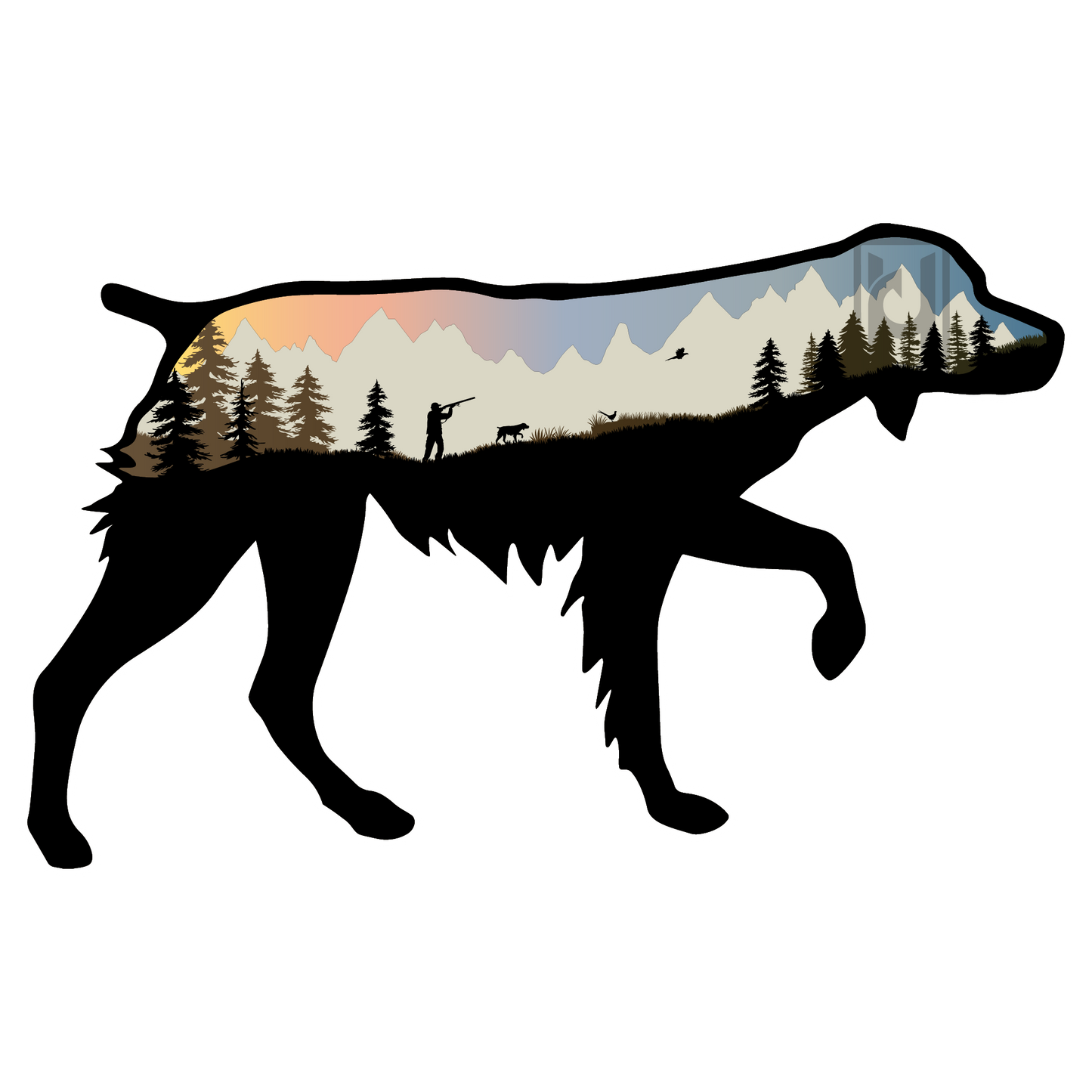 Brittany Spaniel sticker with mountain / hunting scene