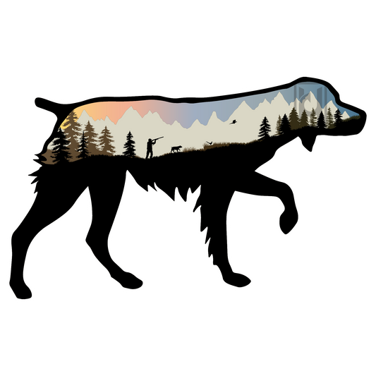 Brittany Spaniel sticker with mountain / hunting scene
