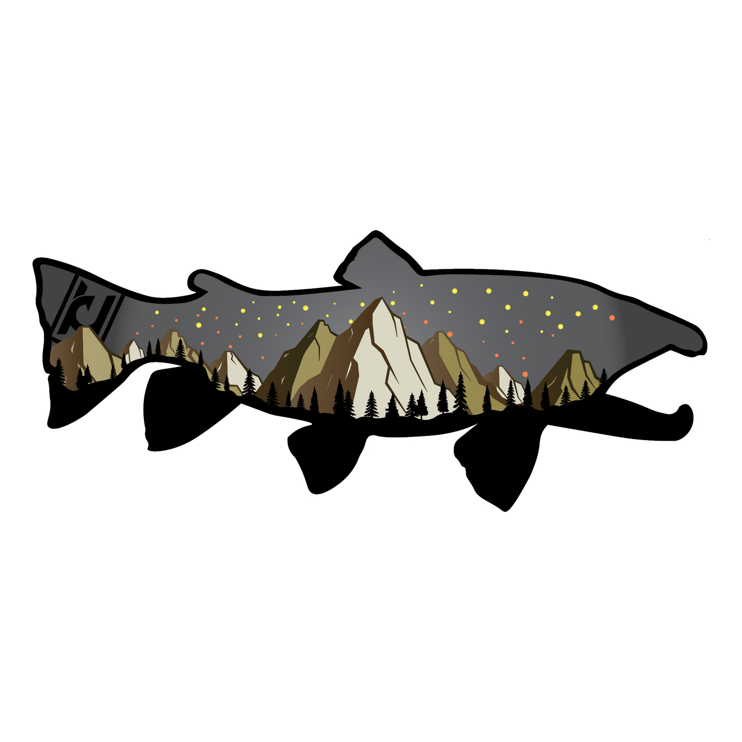 Bull Trout sticker modeled after our wood art! Includes the beautiful features of the Bull Trout along with mountain and pine tree accents.
