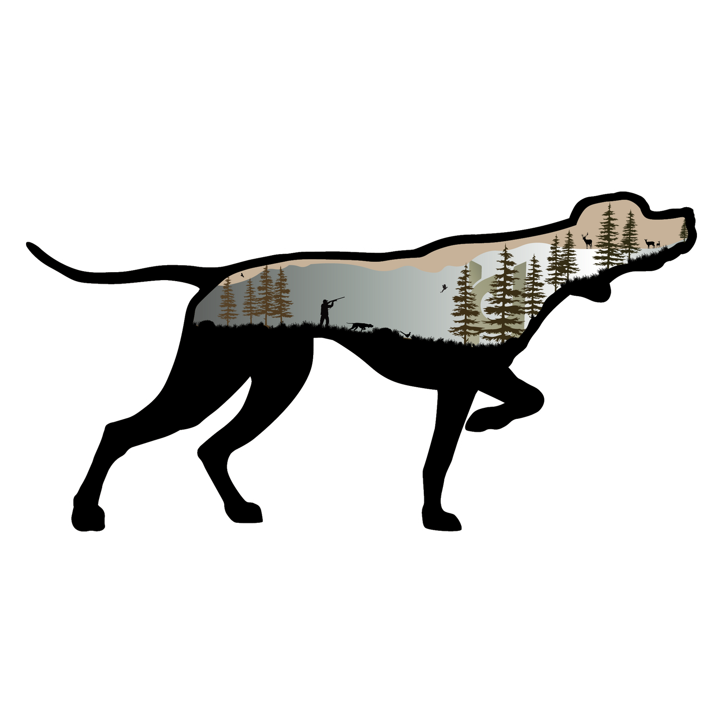 English Pointer sticker featuring mountains, pine trees and a hunter and their dog.