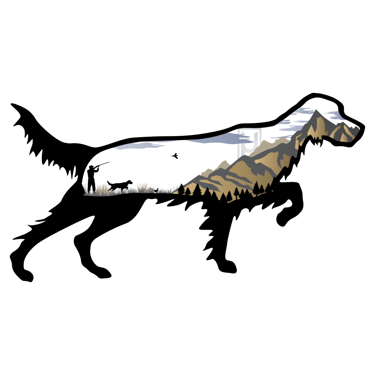 English Setter sticker featuring a mountain hunting scene!