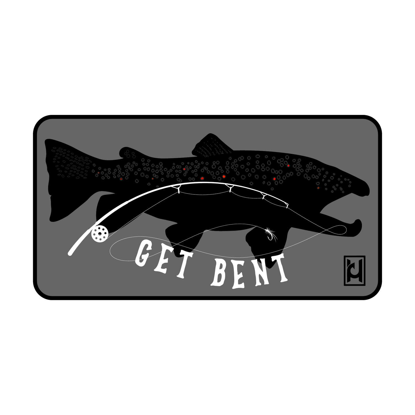 GET BENT! Trout sticker featuring fly rod.