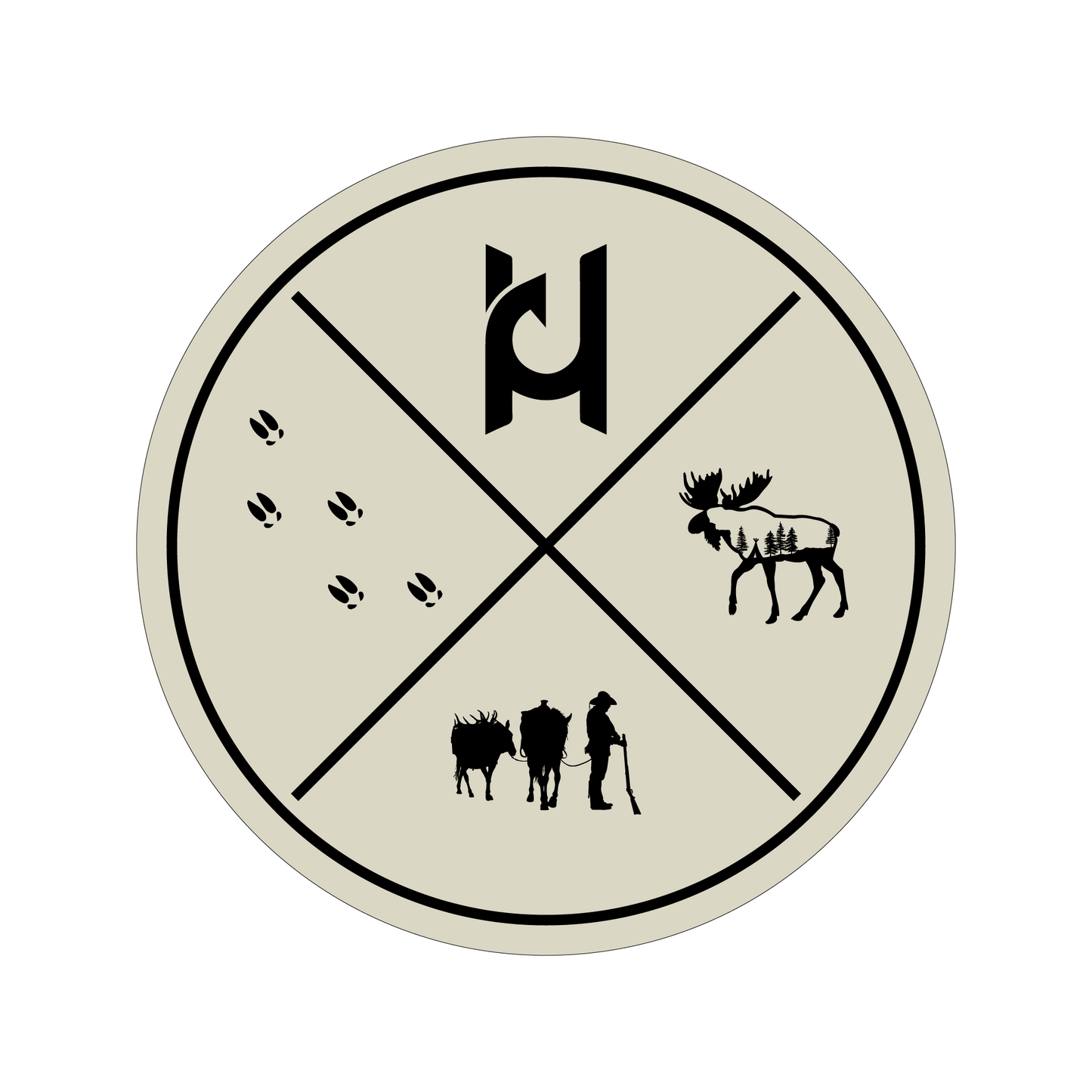 Our Animal Crossing sticker features hiker with animals, animal footprints, our moose design, and our Hooked Design logo.