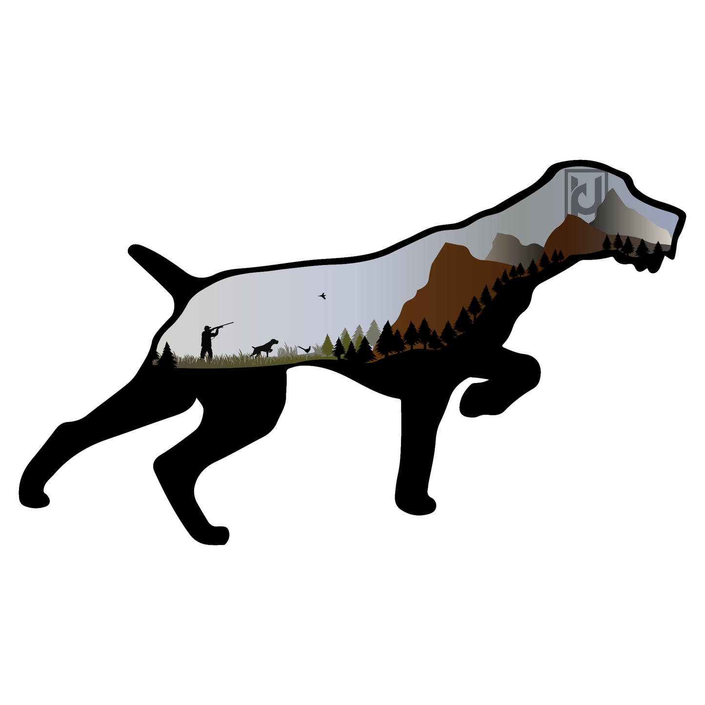 Pudel Pointer sticker features mountains, trees, blue skies, and a hunter with their dog.