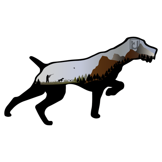 Pudel Pointer sticker features mountains, trees, blue skies, and a hunter with their dog.