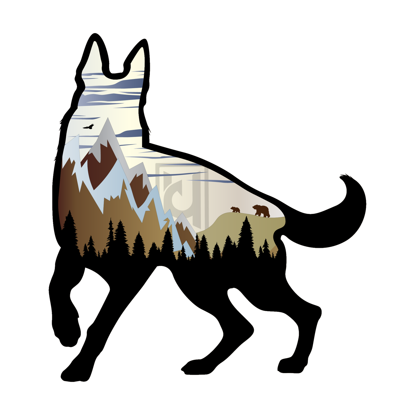 German Shepherd sticker featuring a mountain scene and wildlife.