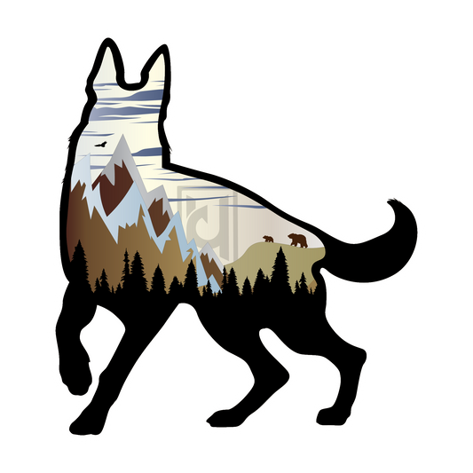 German Shepherd sticker featuring a mountain scene and wildlife.