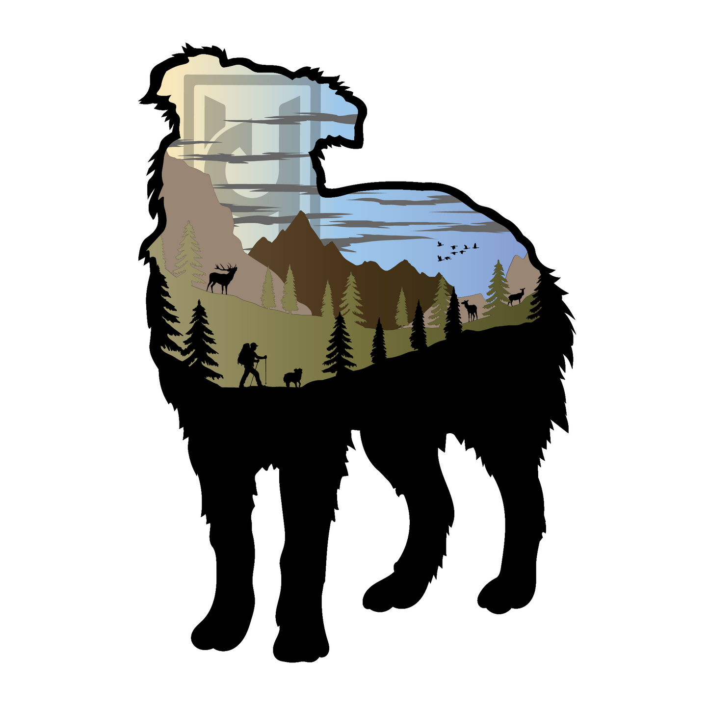 Australian Shepherd sticker modeled after our wood art! Features a mountain scene with hiker and their dog. 