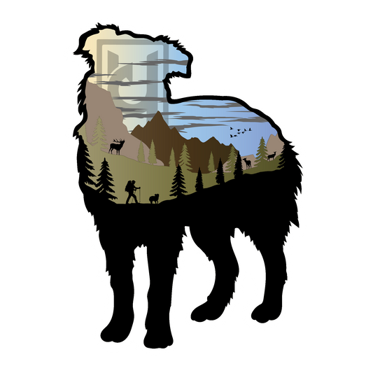 Australian Shepherd sticker modeled after our wood art! Features a mountain scene with hiker and their dog. 