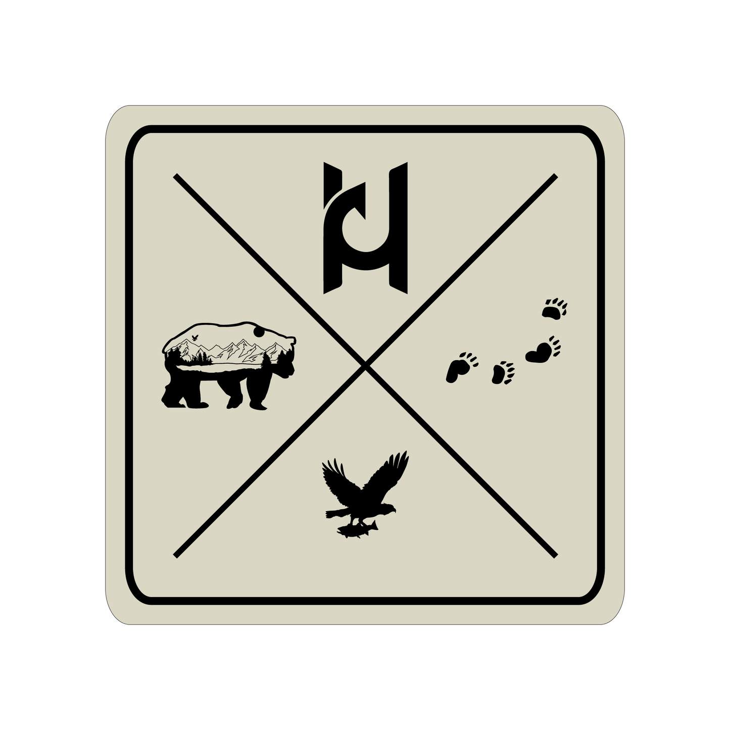Our Bear Crossing sticker features our bear design, bear footprints, eagle, and our Hooked Design logo.
