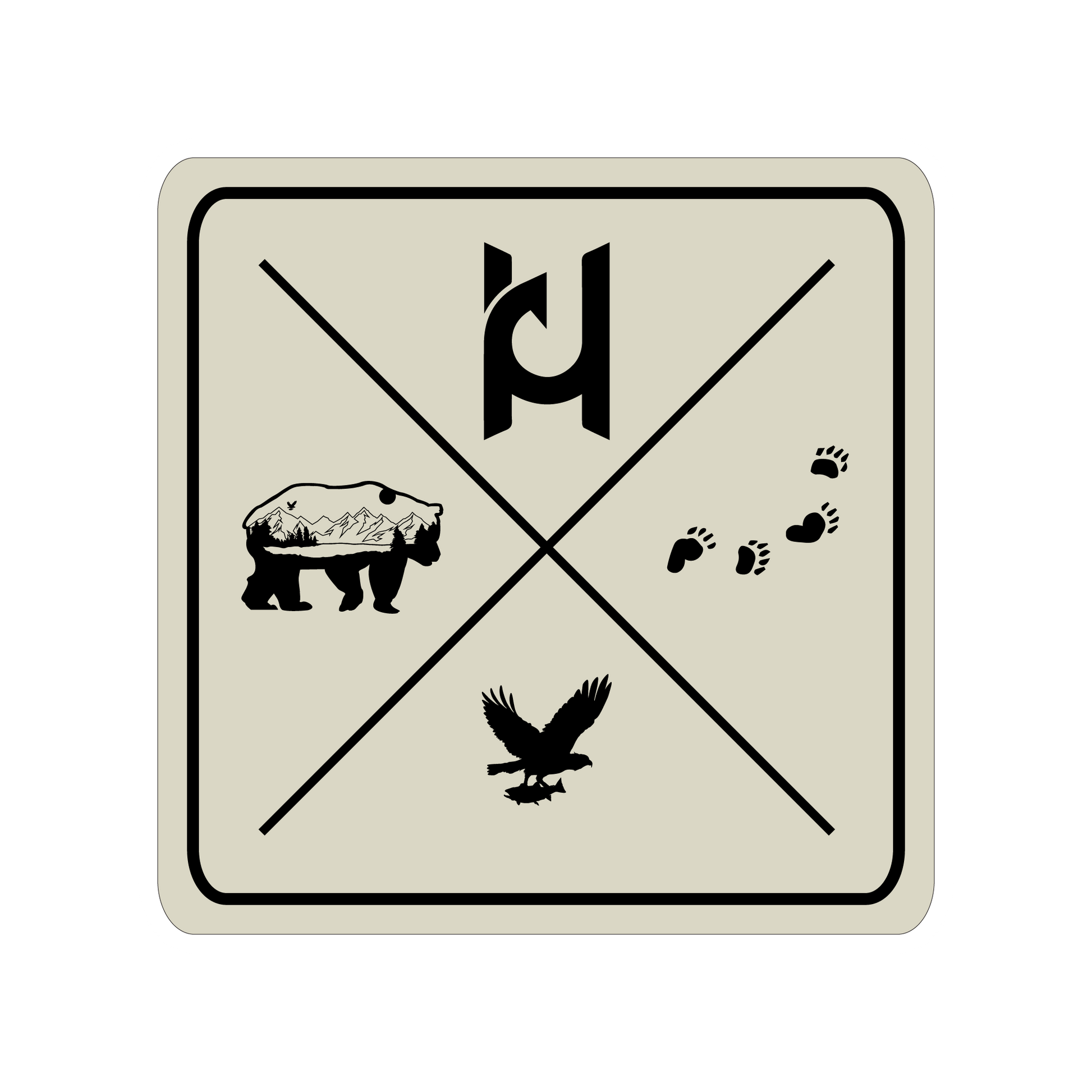 Our Bear Crossing sticker features our bear design, bear footprints, eagle, and our Hooked Design logo.
