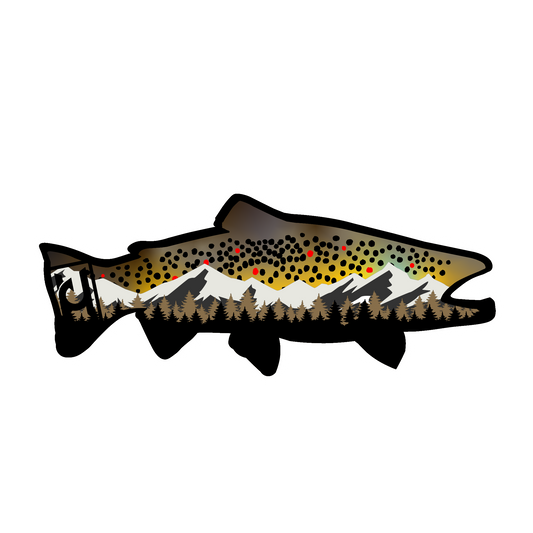Brown Trout sticker modeled after our wood art! Includes the beautiful features of the brown trout along with mountain and pine tree accents. 