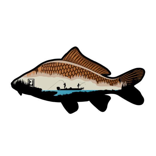 Carp sticker modeled after our wood art! Includes the beautiful features of the Carp along with a boat fishing scene with two anglers out enjoying the water.