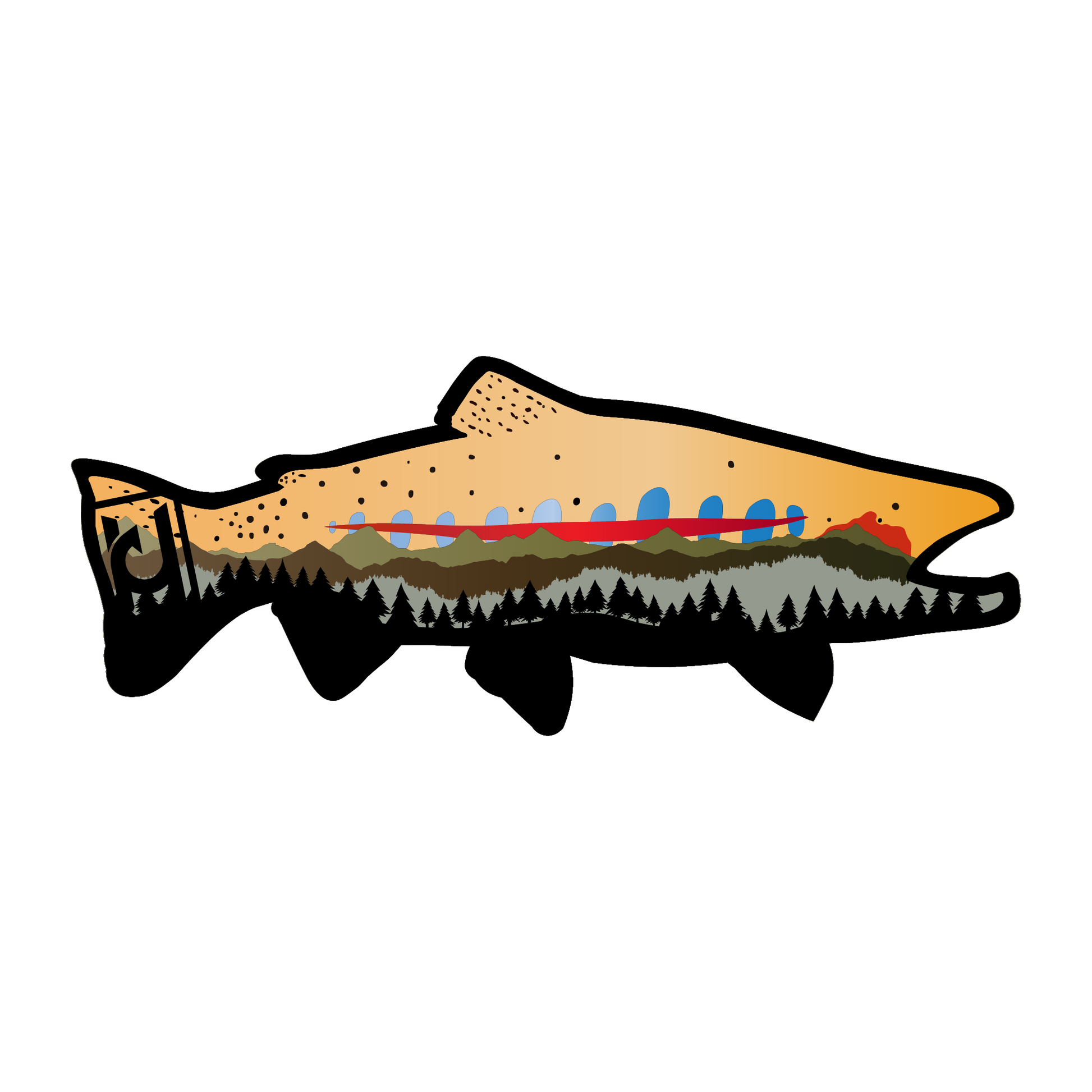 California Golden Trout sticker modeled after our wood art! Includes the beautiful features of the California Golden Trout along with mountain and pine tree accents.