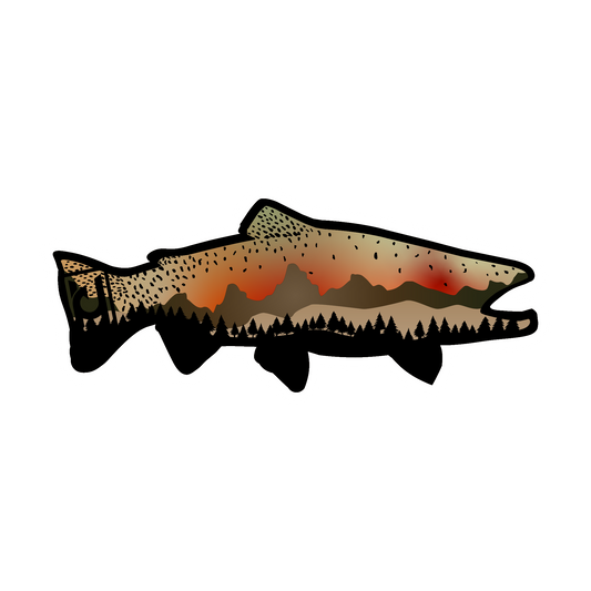 Cutthroat Trout sticker modeled after our wood art! Includes the beautiful features of the Cutthroat accented with mountains and pine trees.