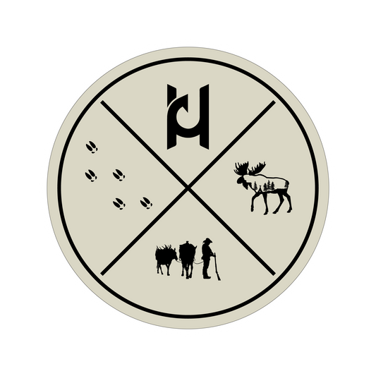 Our Animal Crossing sticker features hiker with animals, animal footprints, our moose design, and our Hooked Design logo.