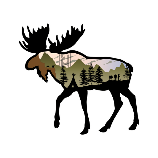 Moose sticker modeled after our wood art! Features a mountain camping scene.
