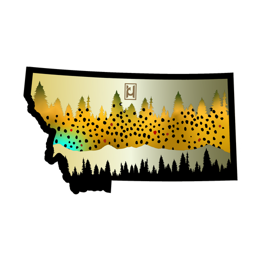 This one is for the Montana lovers! This sticker features the beautiful colors of a brown trout all in the shape of the great state Montana.